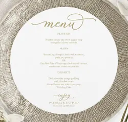 50pcs Custom Table Plate Menu Card Gold Ink Print Paper Round Shape Laser Cut Seat Invitations
