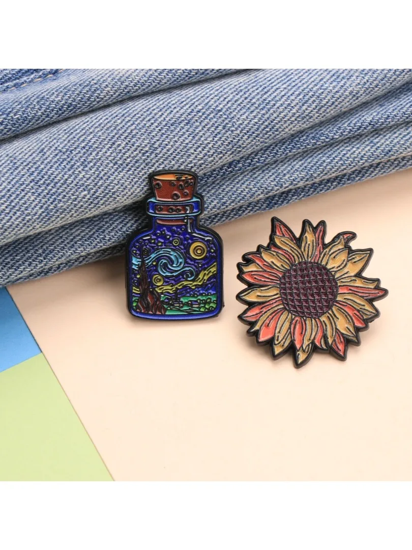 MDKES Bouteille de nuit étoilée et épingles en émail tournesol, Badges artistiques à revers pour sac à dos et veste, bijoux à bricoler soi-même, cadeau 3