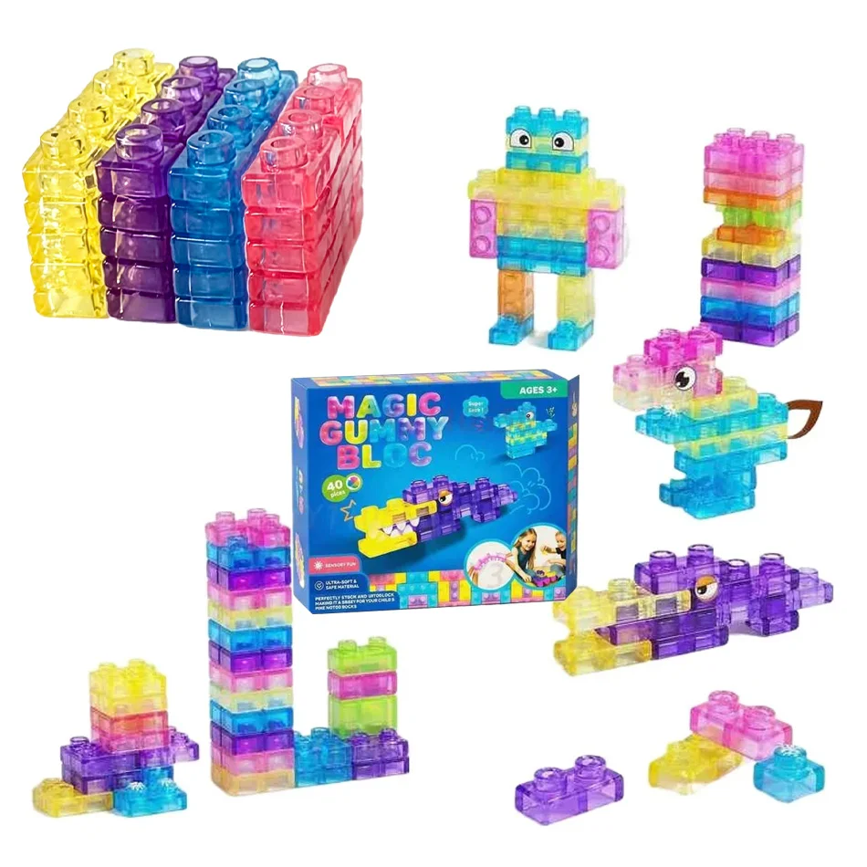 透明なクリスタルソフトグミゼリービルディングブロック40個入り、子供向けの柔らかく伸びるおもちゃ、創造的な卓上ゲーム、コレクタブルトイ