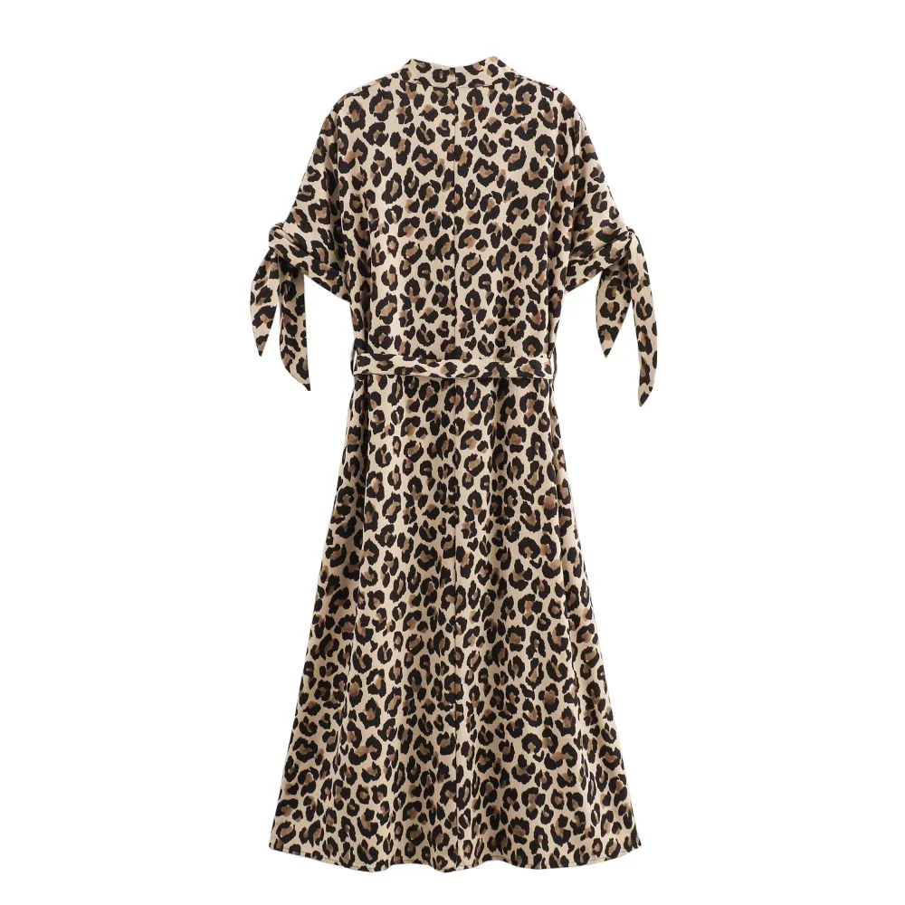 Abito camicia con stampa leopardata cintura da donna abiti Midi pieghettati per donna abito lungo con bottoni estivi abito femminile a maniche corte
