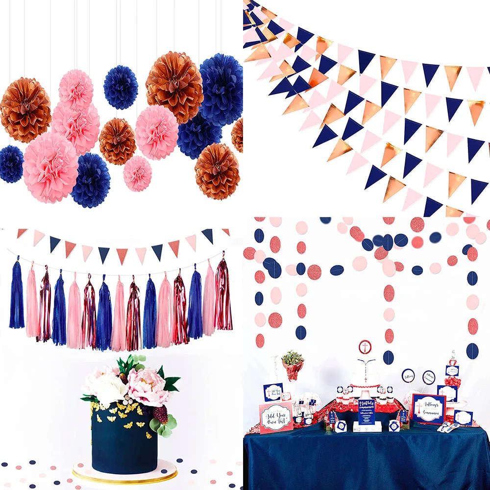 

Royal Blue Pink Rose Gold Gender Reveal Birthday Party Hanging Decorations Paper Flag Pom Pom Flower Heart Dots Tassel Garlands
