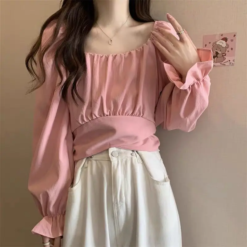 French Style Collarbone Square Neck Bubble Sleeve Shirt for Women\'s Spring New Long Sleeves Unique Short Strap Chiffon Chic Top