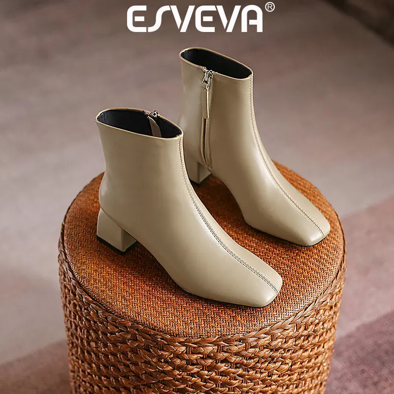 ESVEVA 2027 News Winter Women Ankle Boots Genuine Leather Woman Shoes Square Toe Mid Heel Autumn Motorcycle Short Boots 34-40