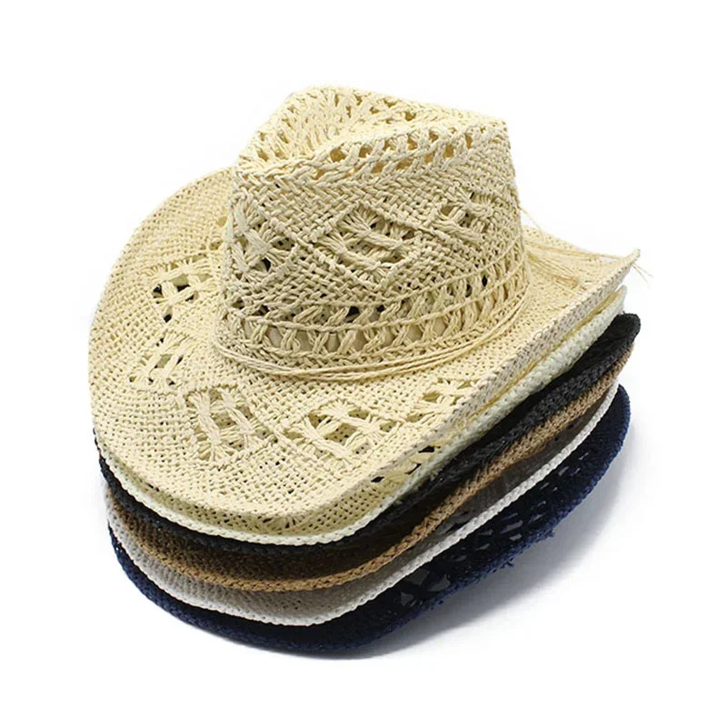 Summer Outdoor Men Women Hand Woven Caps Western Cowboy Straw Hats Wide Brim Breathable fashion Beach party Sun Protection Hat