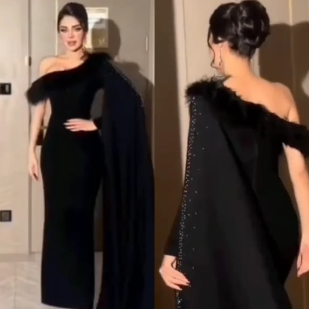 Ballkleid Abend Saudi-Arabien Jersey Feder Strass Party Scheide One-Shoulder maßge schneiderte Anlass Kleid Midi Kleider