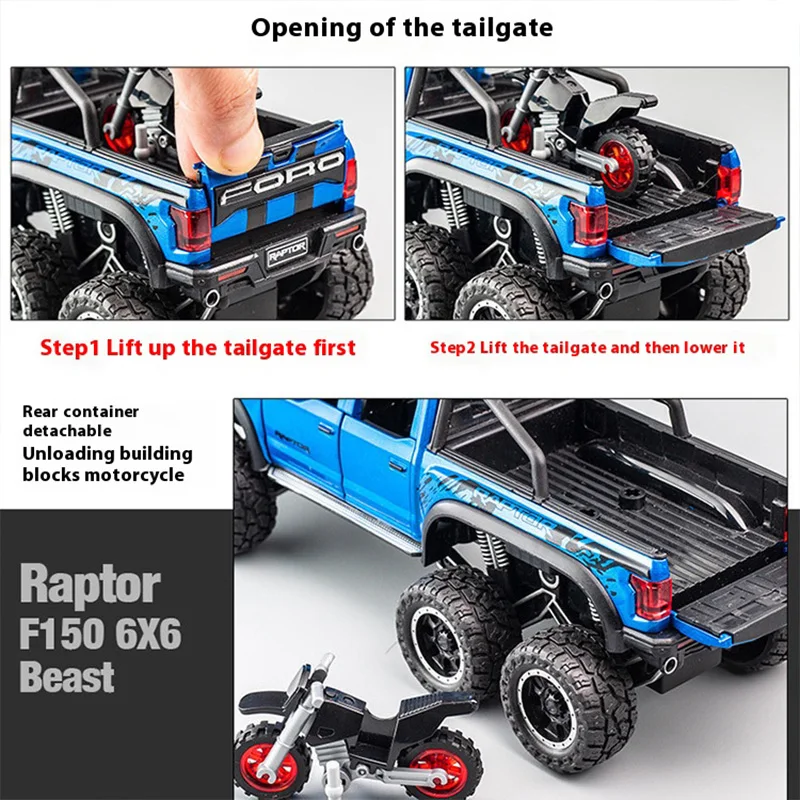 Modelo de aleación Raptor F150 1:24, sonido y luz geniales, exquisitos adornos de escritorio, la mejor colección para entusiastas de los modelos de automóviles