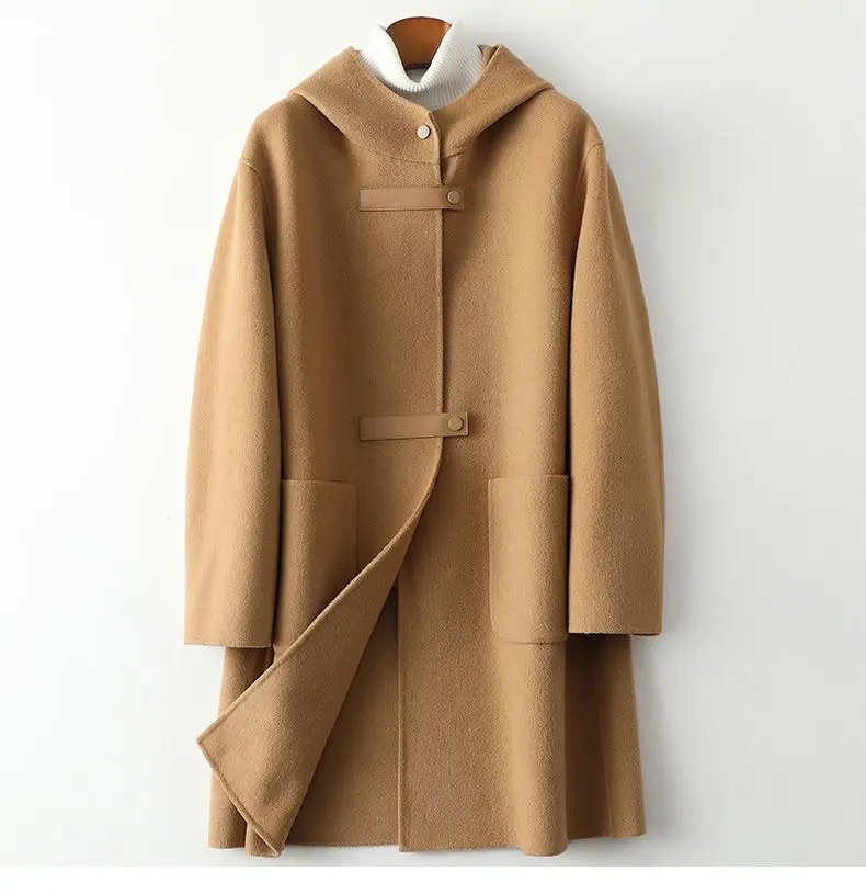 Neue Modische Doppelseitige POLYESTER-Jacke mit Kapuze für Damen Herbst Winter Doppelseitige Woll-Windjacke Eleganter Schlanker Wollmantel – Detail 2