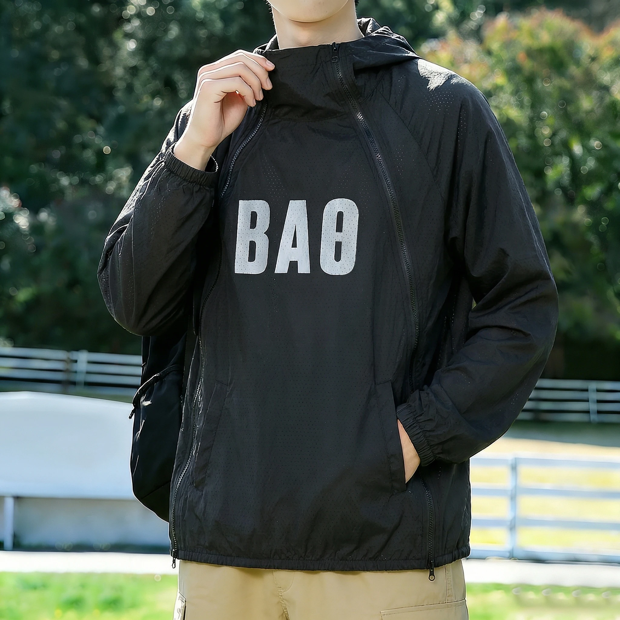  Men's UPF50+ UV Protection Hooded Jacket Double Zipper Breathable Sunscreen Windbreaker Lightweight Casual Coat Outdoor Sports