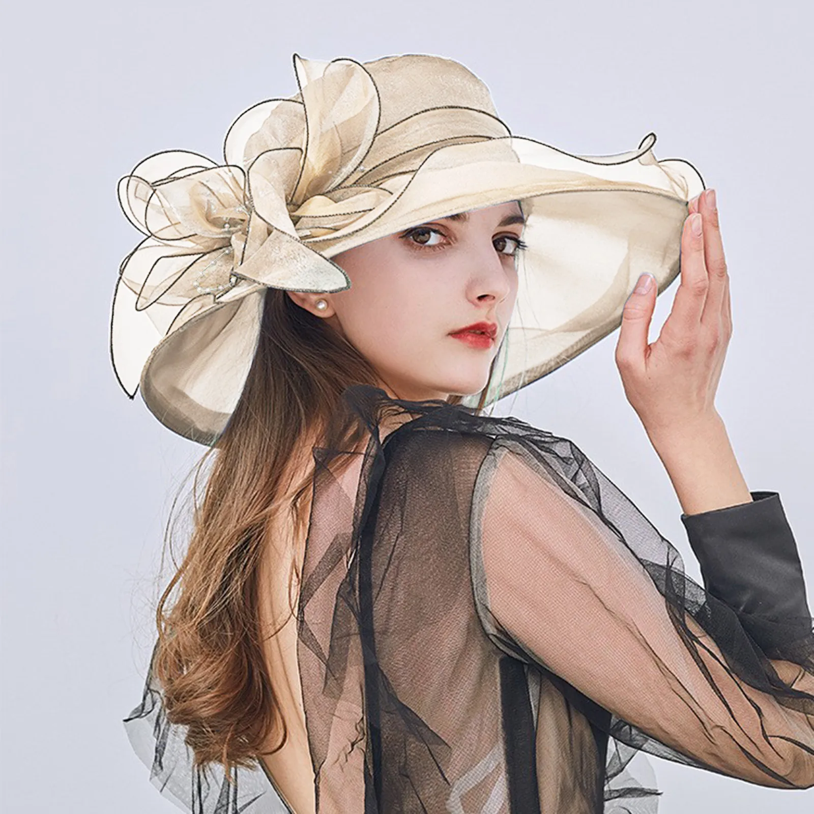 Women Summer Dress 모자 Organza Hat Wide Leaf Flower Mesh Wedding Bridal Summer Sunscreen Sun Hats Beach Caps Gorras Para Mujer