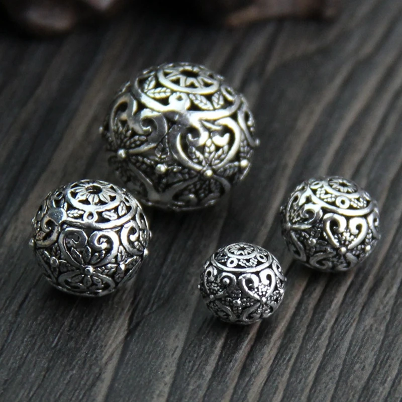 925 Sterling Silver Color Round Hollow Spacer Beads Retro Handmade Charm Ball Beads DIY Bracelets Jewelry Making Findings