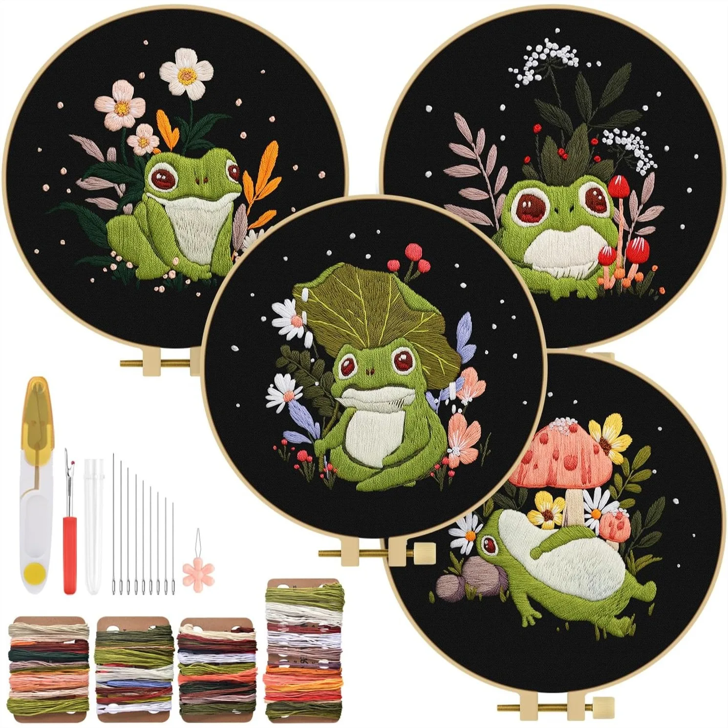 

Embroidery Kit for Adults Beginners, 4 Pack DIY Starter Set with Stamped Patterns, Hoop, Tools, Colorful Threads, Needles