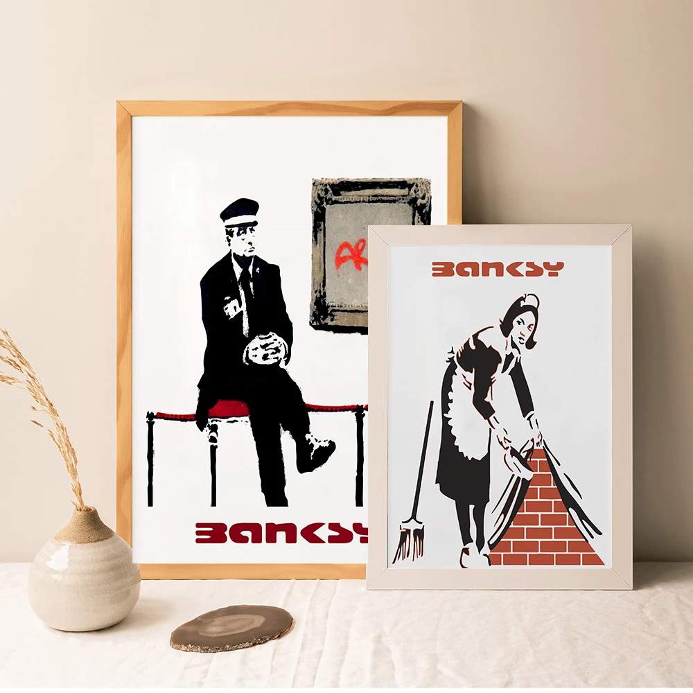 Modern Wall Poster Print Banksy Sweeping Street Graffiti Female Art Canvas Retro Painting Uniform Woman Bar Club Room Home Decor