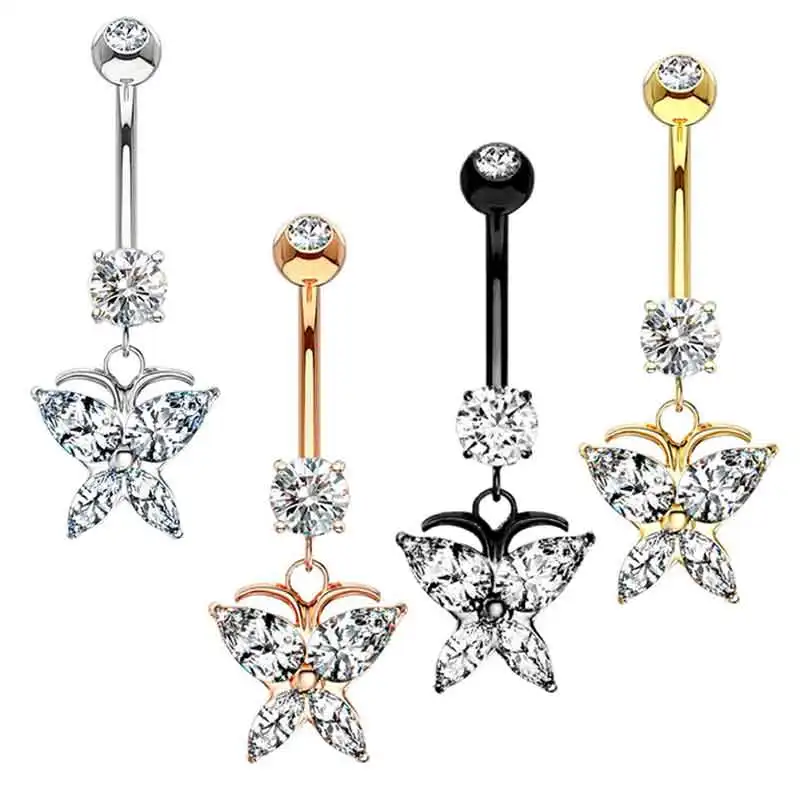 

2023 Best Sales Butterfly Crystal Belly Button Rings Women Dangle Surgical Steel Navel Rings Cubic Zirconia Star Moon Piercing