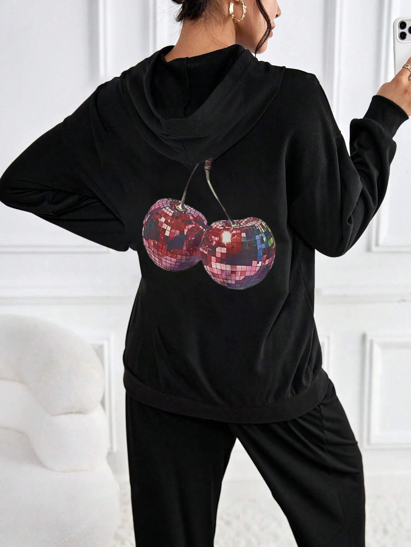 2024 Sparkling Cherry Ball originality Print Hoodie Women\'s loose fleece drawstring hoodie New Y2K high street fashion clothing