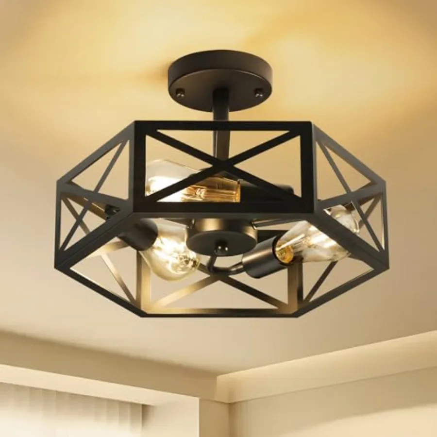 Modern Semi Flush Mount Ceiling Light, 3-Light Hexagon Flush Mount Ceiling Lights for Dining Room Light Fixture, Farmhouse Blac view 2