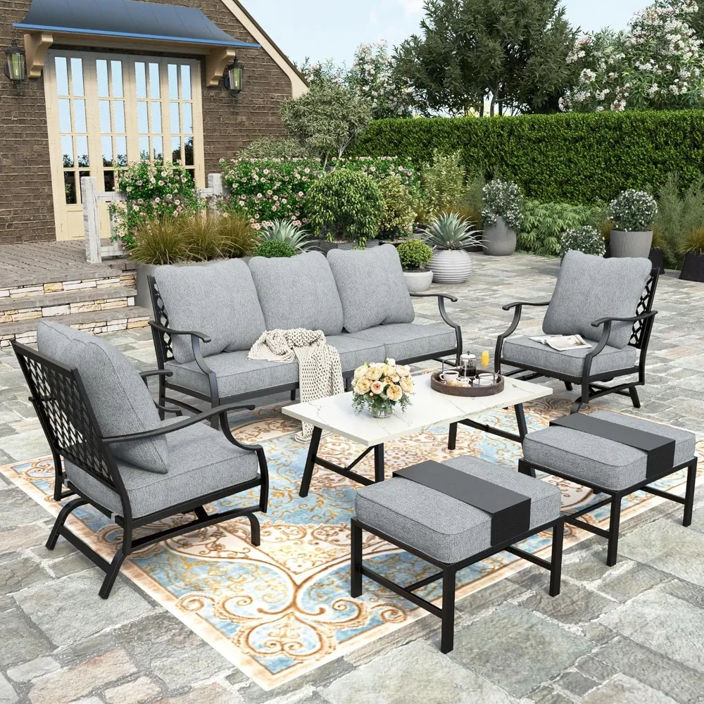 6 Piece Patio Furniture Set, 2 X Rocking Cushioned Chair, 2 X Cushioned Ottoman, 1 X 3-Seat Sofa with Marbling Coffee Table