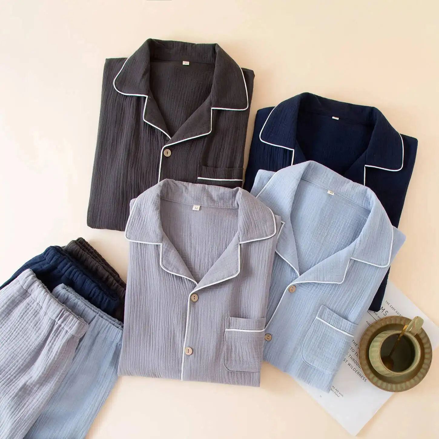 

Летние мужские хлопковые тонкие кардиганы с короткими рукавами и длинными брюками, домашняя одежда из 2 предметов, мужские пижамы больших размеров