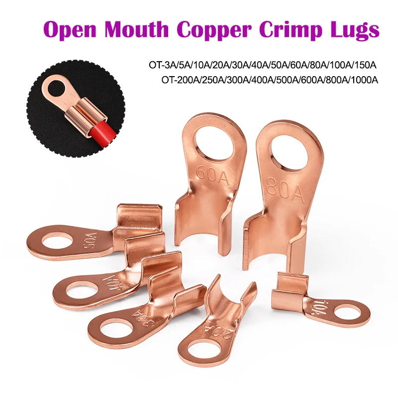 2~50pcs Wire Terminals OT Type Copper Crimp Lugs 3A~1000A Red Bare Nose Battery Lug Ring Crimp Non-Insulated Wire Connector