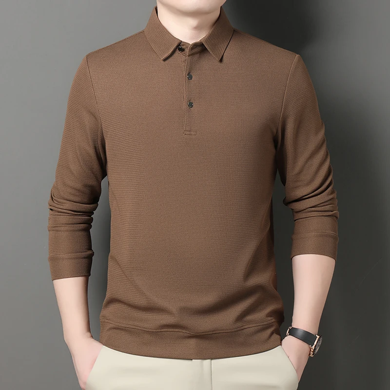 

Shirt Cuffs, Men's Long Sleeved T-shirt, Lapel, Autumn Outfit, New Middle-aged Pure Cotton Top, Solid Color Polo Shirt