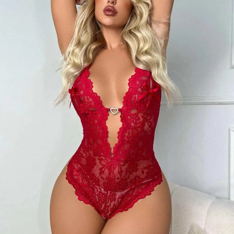 Women Lace Body Suit Sexy Lingerie Sleepwear Mesh Lace Floral Deep V See-through Teddies Bodysuits Naughty Eroctic Costumes