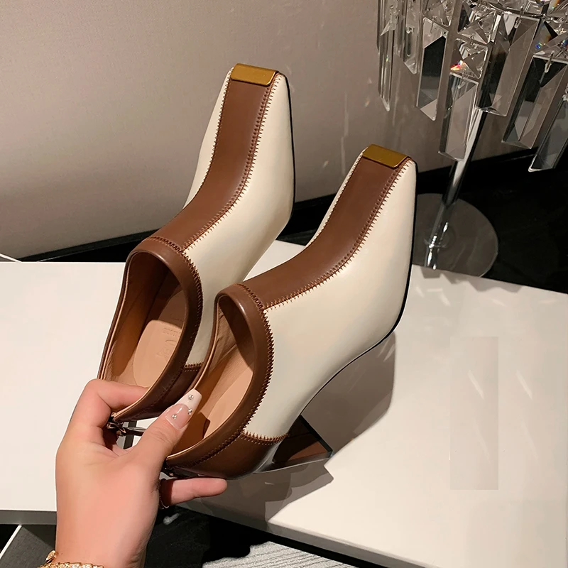 Women's new leather, cowhide, metal toe, high-heeled square toe, color blocked zipper, deep cut single shoe, fashion shoes