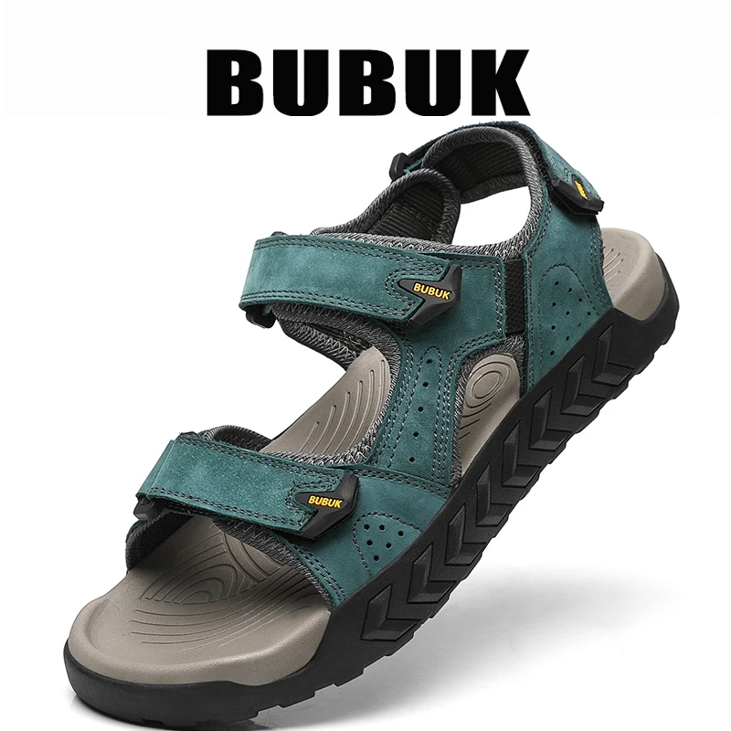 bubuk-メンズ本革アウトドアサンダル、第一層牛革ビーチシューズ、滑り止めと耐摩耗性のラバーソール、通気性のあるメッシュ裏地、夏のハイキング、釣り、カジュアルシューズ