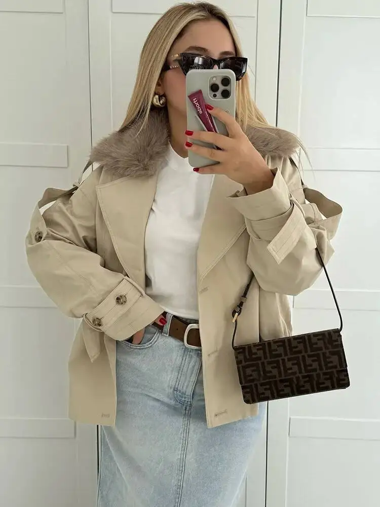 

Women Autumn Winter Casual Jackets Female Fashion Streetwear Style Lapel Double-Breasted Pocket Decoration Short Coats