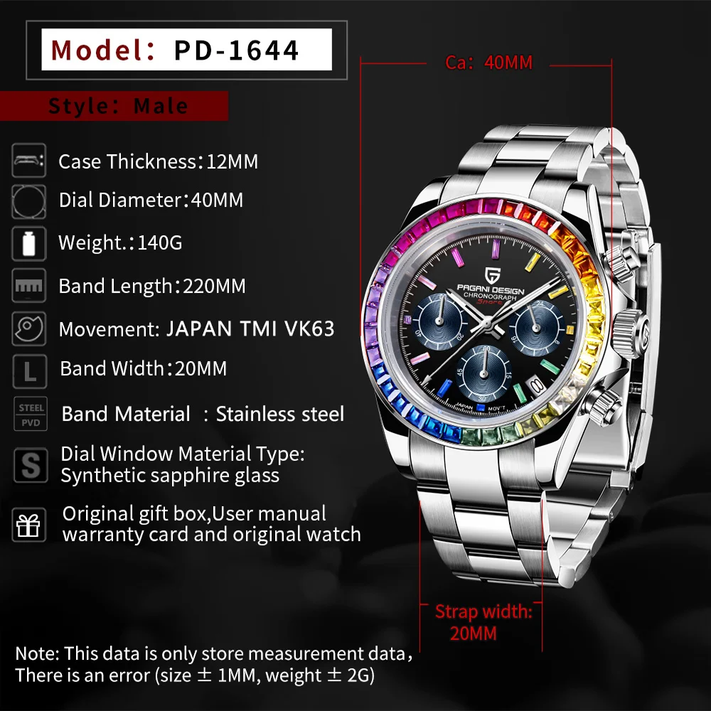 Neue PAGANI DESIGN 1664A Rainbow Lünette Herren Quarz Edelstahl 100M wasserdichte Herrenuhr VK63 Saphir Chronograph