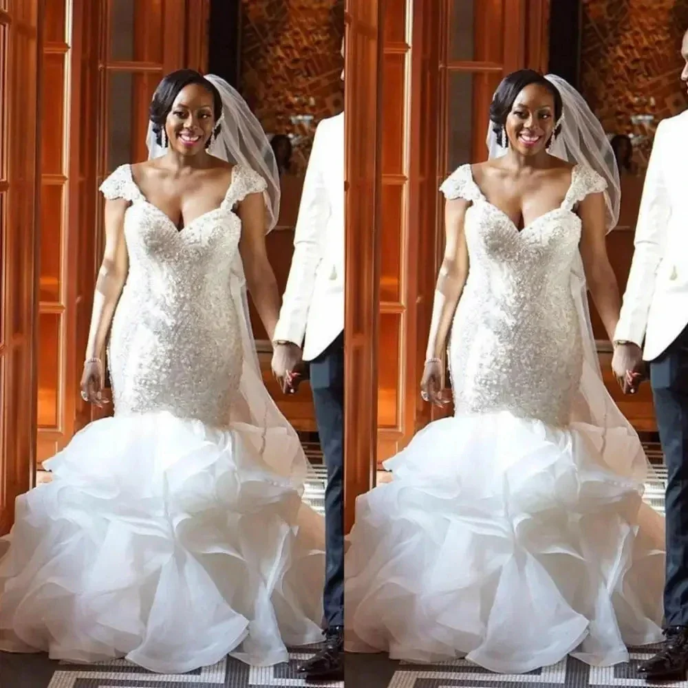 

Customized Plus Size Arabic Style Off Shoulder Wedding Dress Cap Sleeves Beaded Crystal Organza Tiered Skirts Wedding Gown