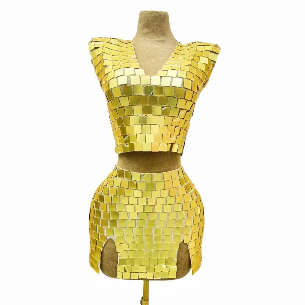 Gold Silver Mirror Armor Tops Mini Skirt Stage Outfit Women Singer Drag Queen Costume Bar Nightclub Performance Dance Costume