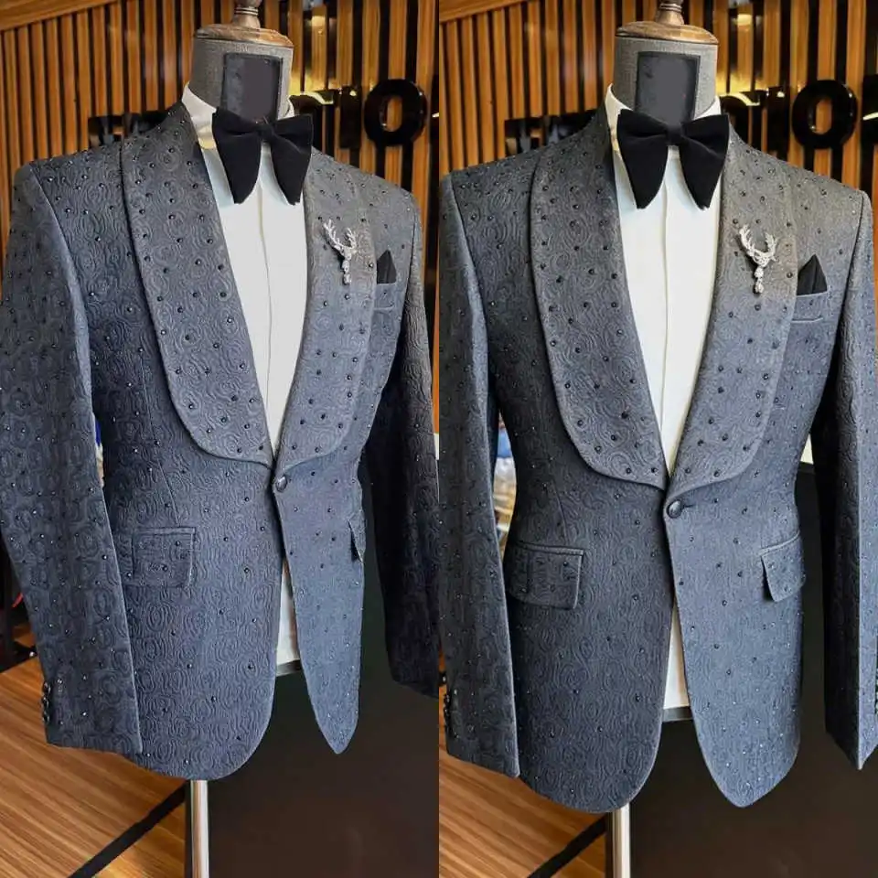 

Luxury Jacquard Men's Suits One Button Shawl Lapel Pant Sets Beaded Prom Male Party Customized 2 Pieces Dinner Party