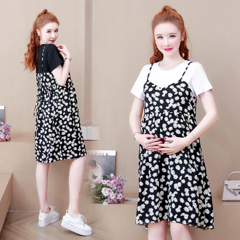 Women Large Size Dresses Maternity Summer New Short-Sleeved Maternity Clothes Loose Belly-Shading Knee-Length Plus Size Dresses