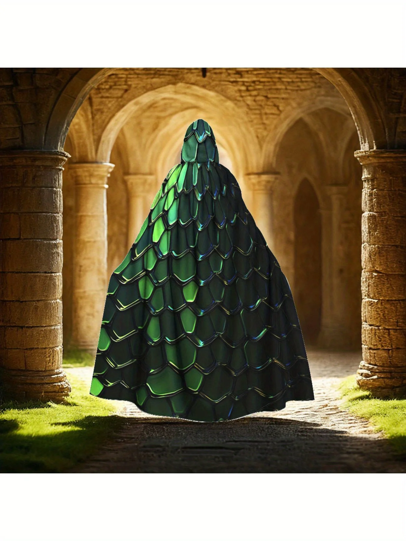 Customization Men'S & Women'S Dragon Scale Costume Cloak Robe - Emerald Green & Black Full-Body Print With Adjustable Hood, Medi
