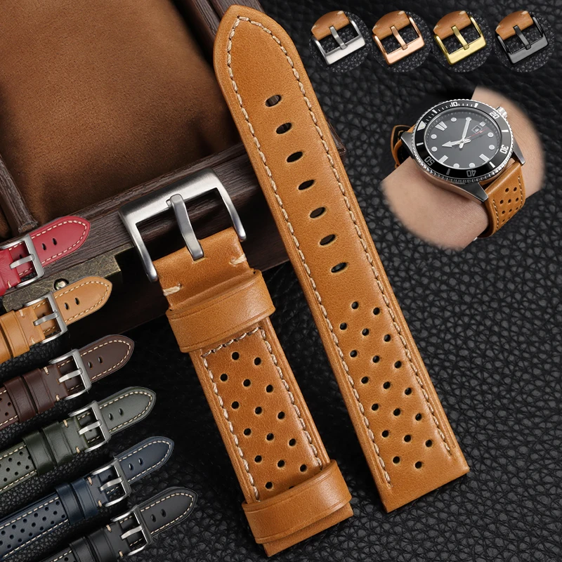 Bracelet de montre vintage en cuir de vachette perforé et respirant 18mm 20mm 22mm 24mm pour Seiko, Omega et autres montres universelles