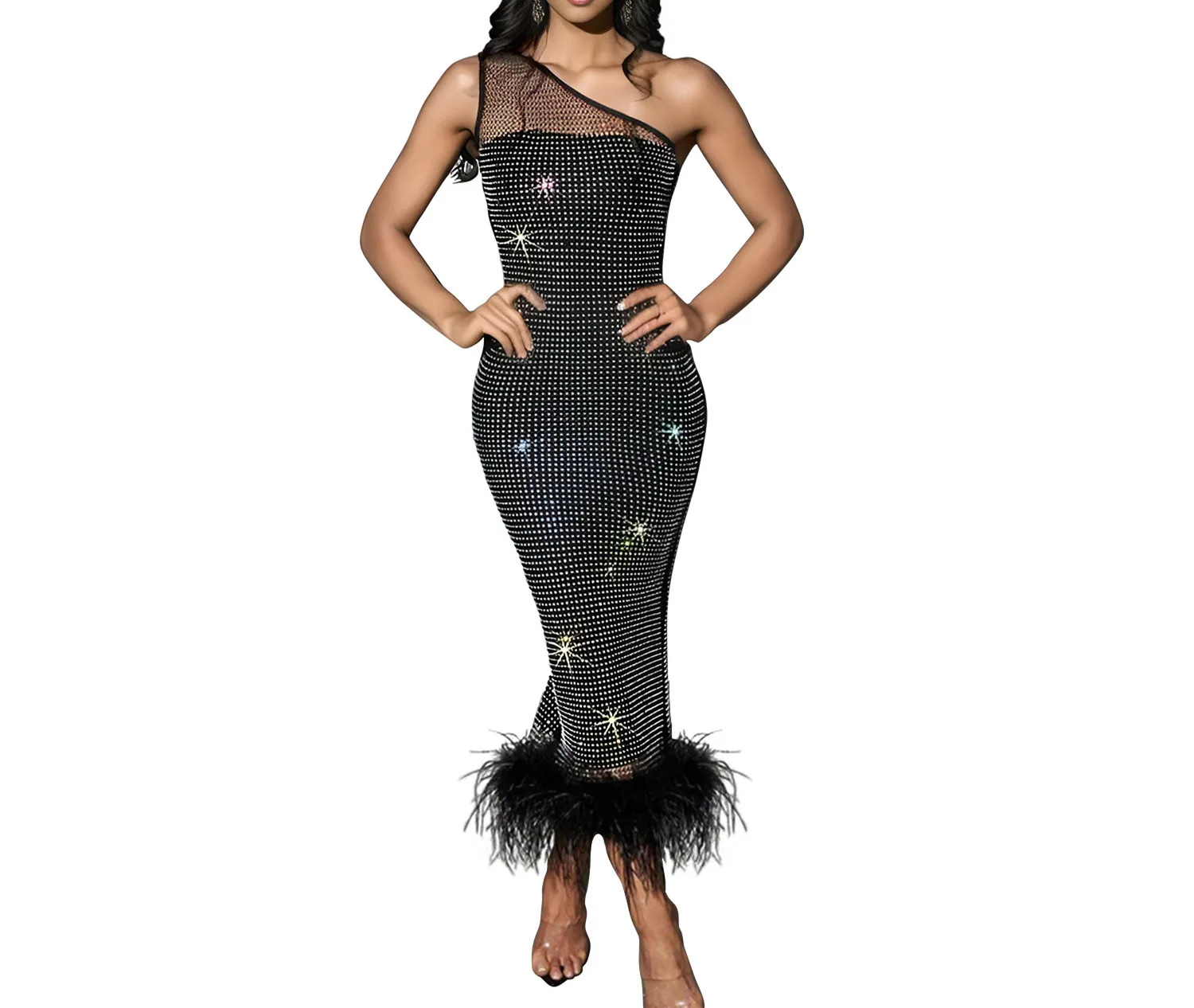Nowa Moda Sexy Bez Rękawów Jedno Ramię Asymetryczny Dekolt Cekiny Siateczka Prześwitująca Jednolity Kolor Dopasowana Sukienka Do Kostek Z Piórami Dla