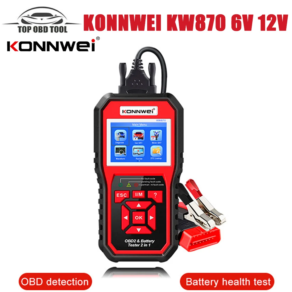 

KONNWEI KW870 6V 12V Car Motorcycle Battery Tester OBD2 Diagnostics Tool Scanner 2 in1 Cranking Charging Test Tools for the Car