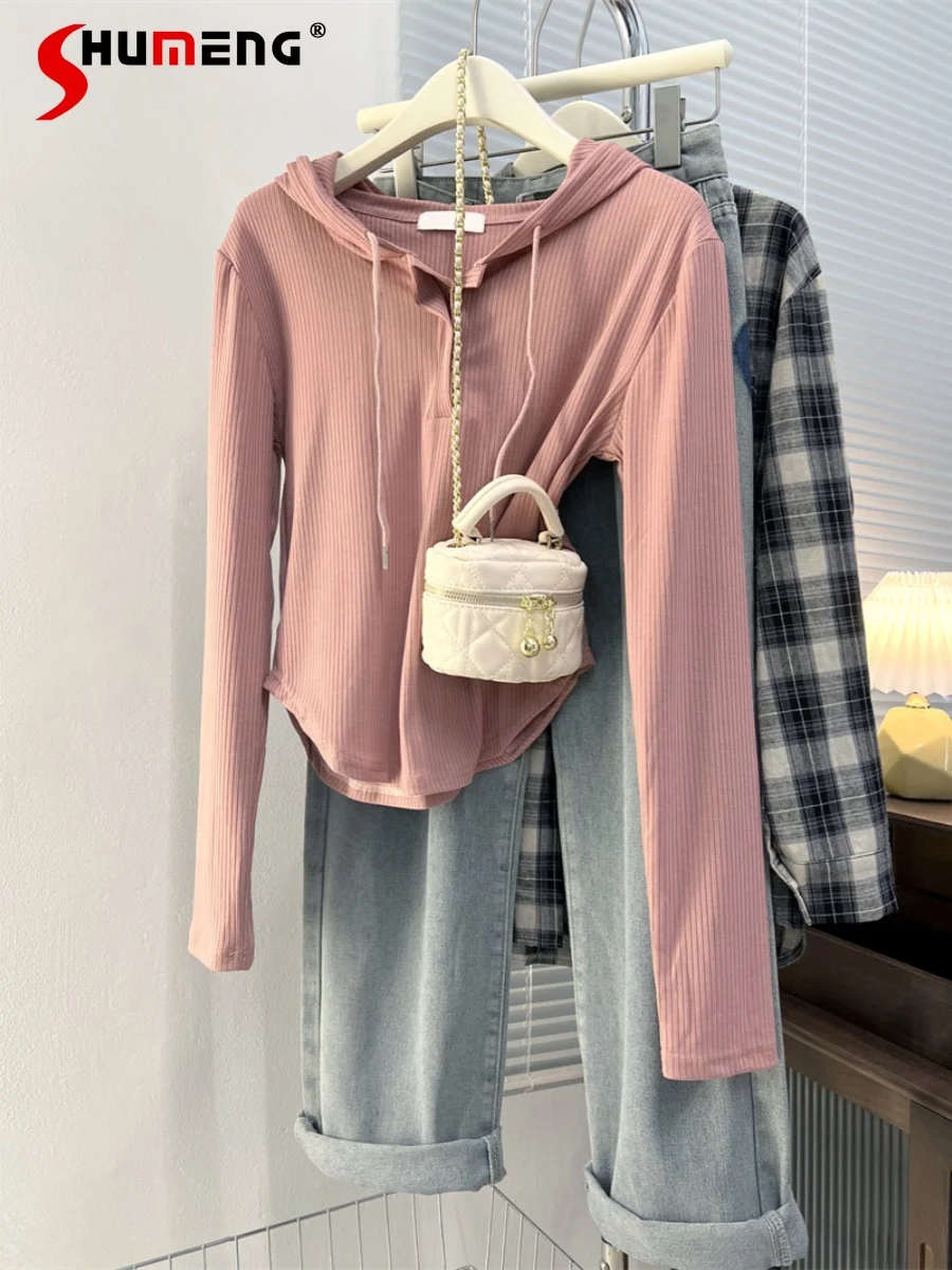 

Solid Color Simple T-Shirts Hooded Long-Sleeved T-shirt Female 2024 Spring Autumn New Slim Fit Trendy Sweet Women’s Tops