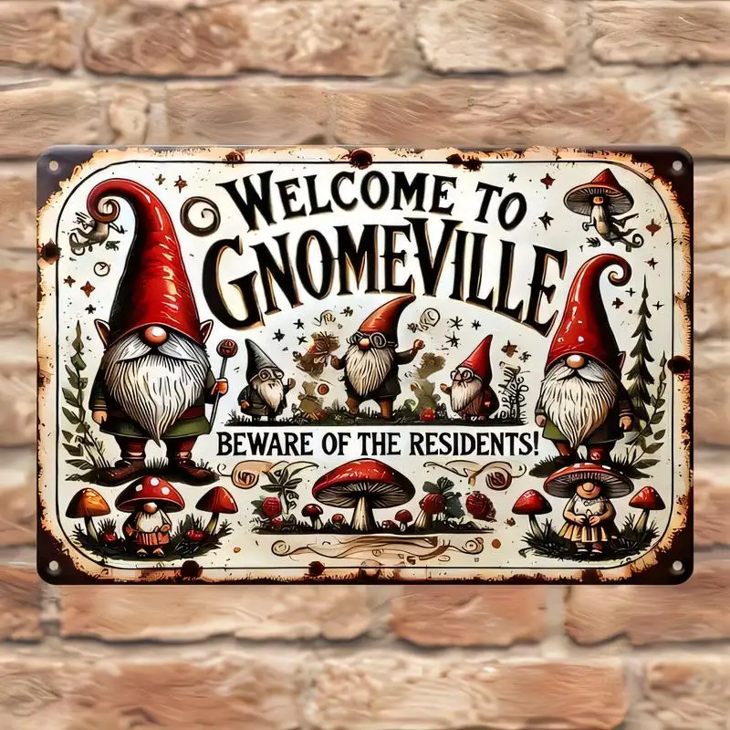 Vintage Welcome to Gnomeville Gnome & Mushroom Metal Tin Sign - Rustic Iron Wall Art, Whimsical Gnomes Design, Retro Decor for H