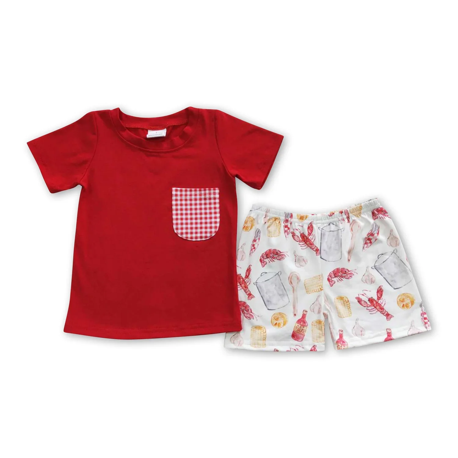 

Baby Boys Summer Shorts Set Red Pocket Shirt Crawfish Corn Design Crawler Clothing Outfit for Boys