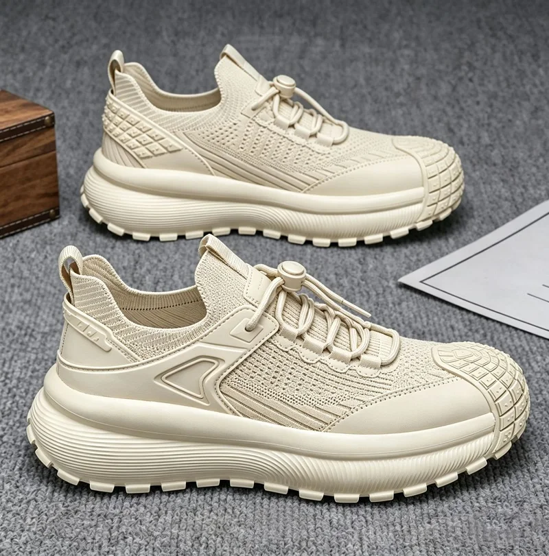 

New Solid Mesh Trainers Men's Breathable Knit Platform Sneakers Slip On Thick Sole Casual Sports Shoes Man Lazy Chunky Sneaker