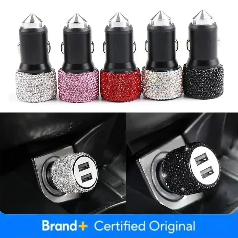NEW USB Car Charger Pink Crystal Diamond 5V 2.1A Dual Port Fast Charging Adapter 3 in 1 Cable for IPhone Samsung Huawei view 2