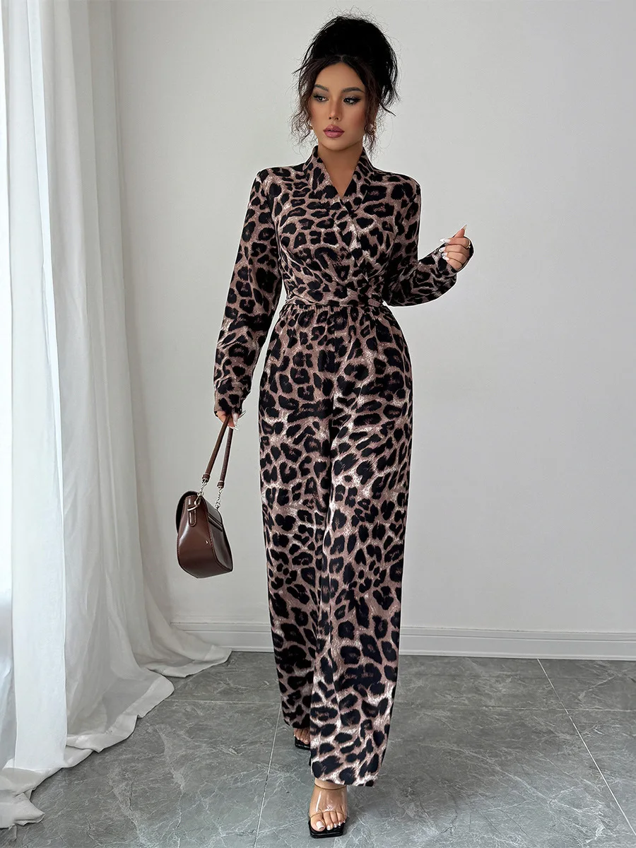 

Women's Leopard Print Wide Leg Jumpsuit Long Sleeve Low Waist Nine Points Casual Comfortable Suit