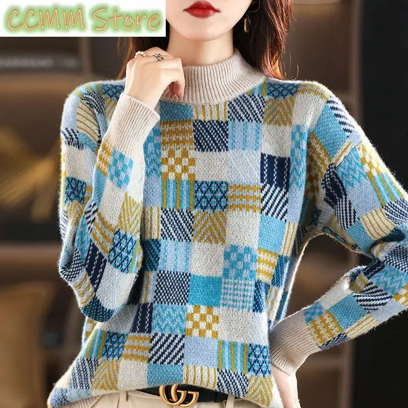 New Korean Autumn Winter Half High Collar Woolen Sweater Women's Printed Thick Fashion Versatile Long Sleeve Knitted Pullovers