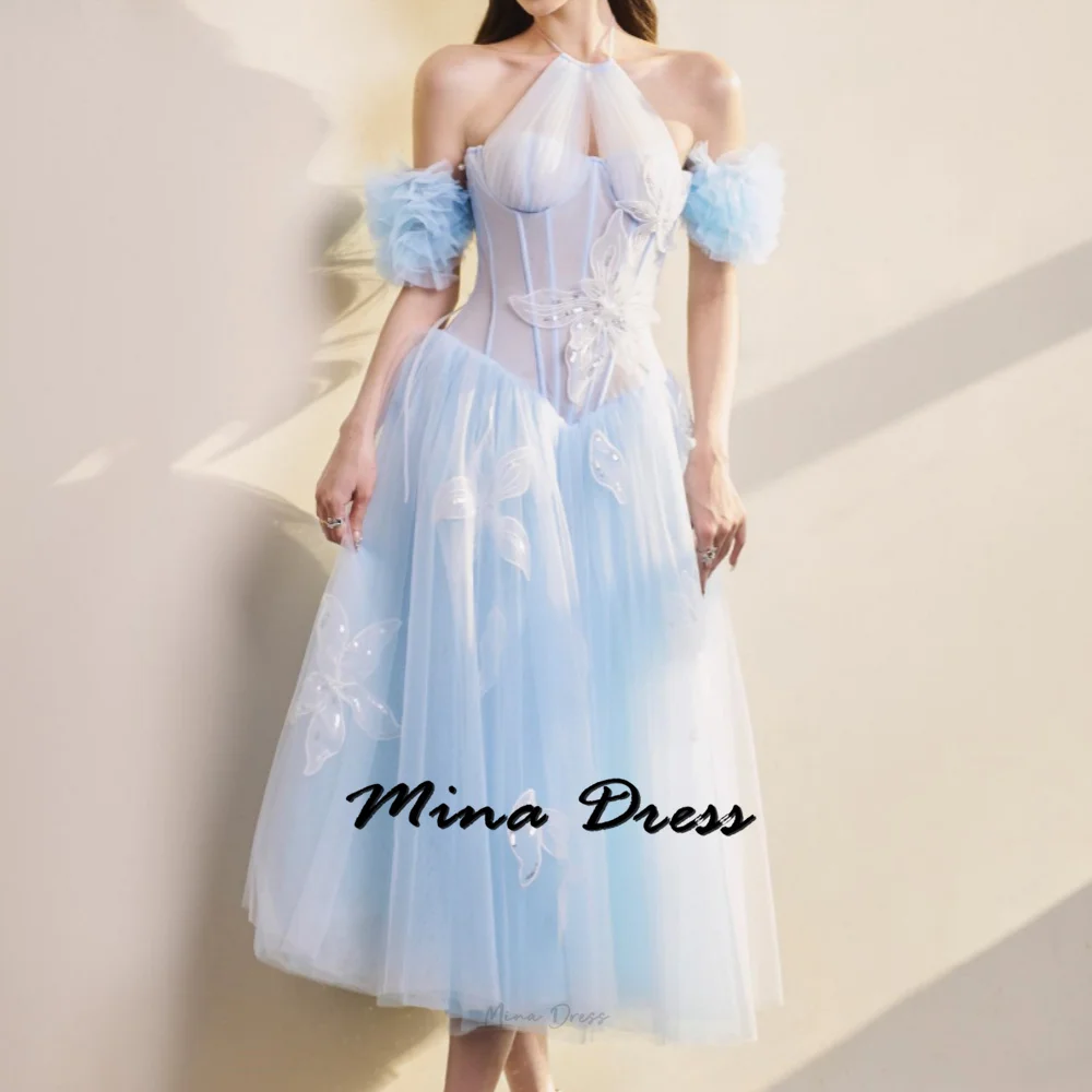 

Mina Customized Flowers Elegant Party Dresses Woman Strapless Sleeveless Evening Dress Backless Halter Neck Translucent Prom