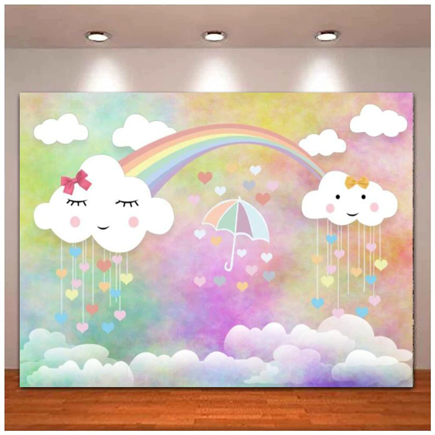 

Cartoon Rainbow White Clouds Sky Photography Backdrop Sweet Umbrella Raindrop Girls Shower Pink Background Birthday Party Decor