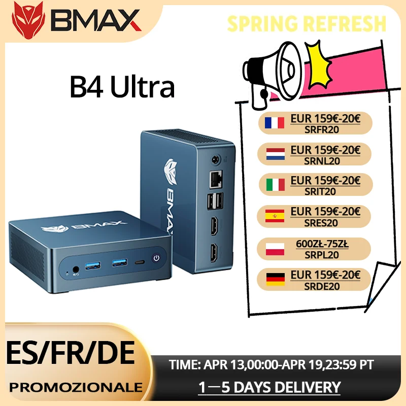 Mini PC BMAX B4 Ultra, LPDDR5 12GB RAM, 512GB ROM, Intel N150, Windows 11, 1 Puerto Tipo-C, 2 Puertos HDMI, Compatible con Gráficos Intel 1000MHz