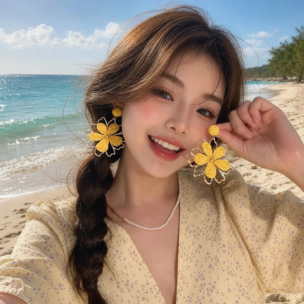 Raffia Sunflower Stud Earrings for Women 1 Pair Handwoven Bohemian Vacation Jewelry Yellow Floral Lightweight Statement Earrings