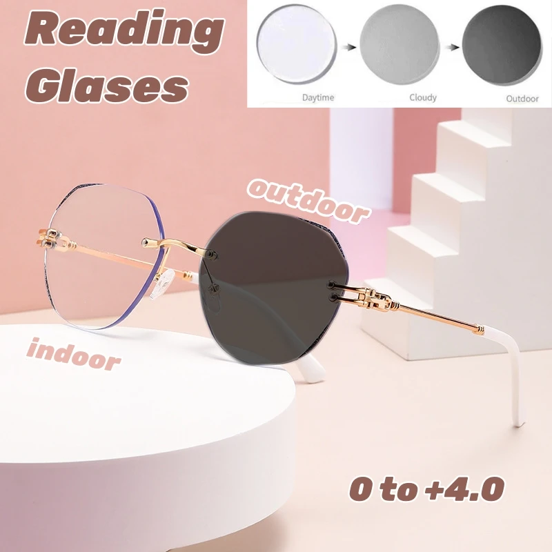 Photochromic Frameless Reading Glasses Fashion Cut Edge Reading Eyewear Anti Blue Light High-definition Far Sight Eyeglasses