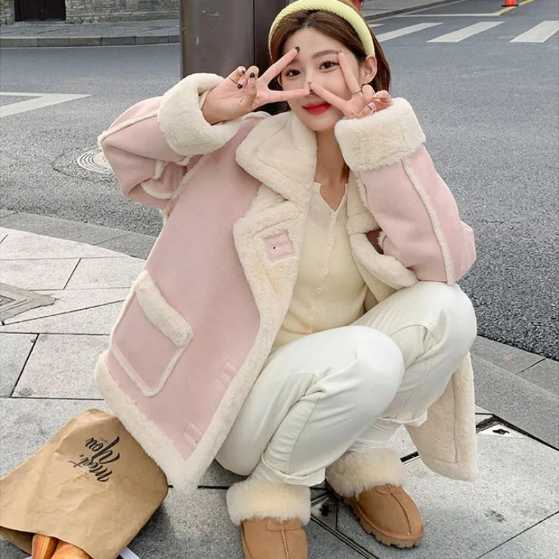 Chaqueta de Cachemira rosa para mujer, Chaqueta corta de piel de invierno, empalme suelto de color sólido, manga larga, versión coreana pequeña,