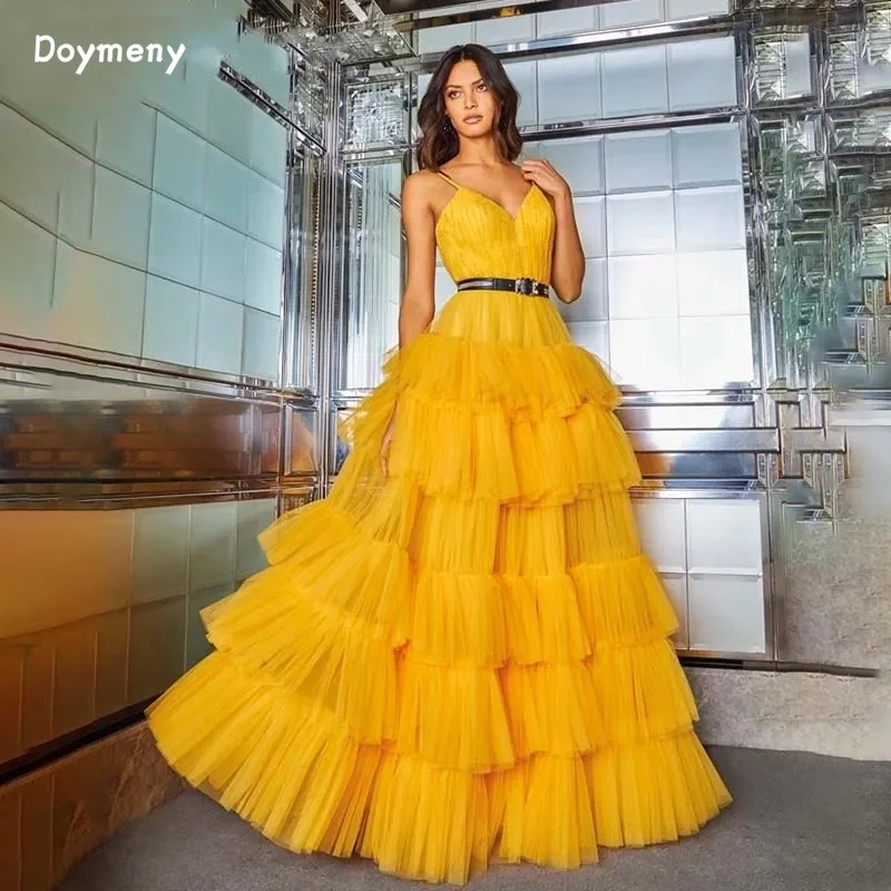 Doymeny Tiered Sash Prom Dresses Spaghetti Straps Tulle Floor Length Evening Dresses vestidos de fiesta elegantes para mujer